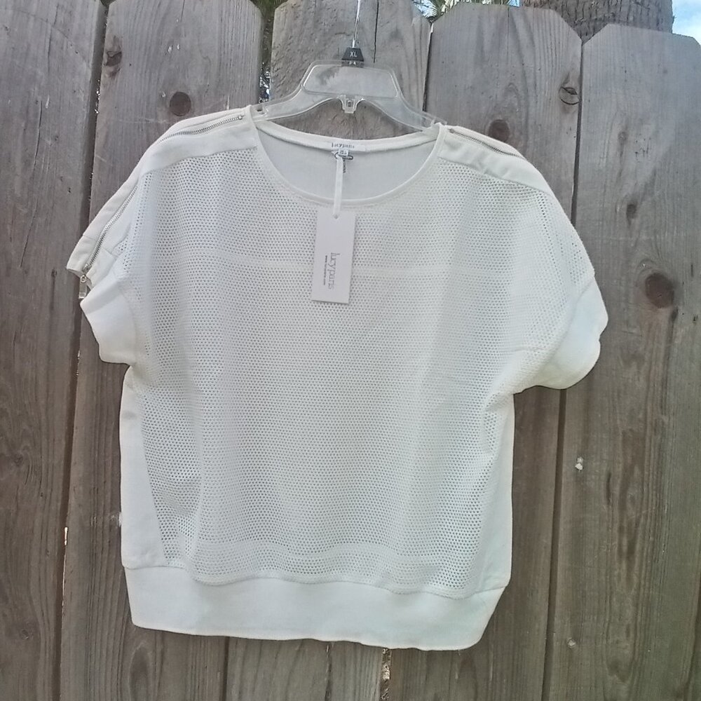 Lucy Paris Textured Pattern Women Blouse L Ivory Pullover Scoop Neck Zip Sleeve